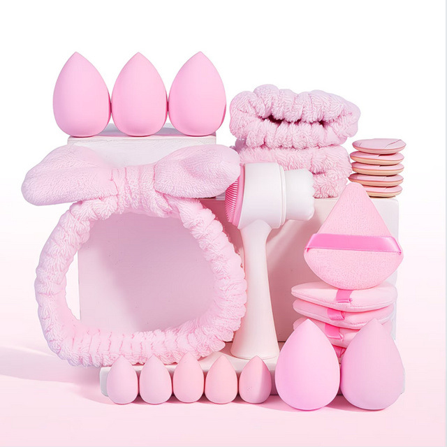 24-piece Beauty and Skincare Set: Face washing headband, wristband, makeup sponge, powder puff, and cleansing brush full set