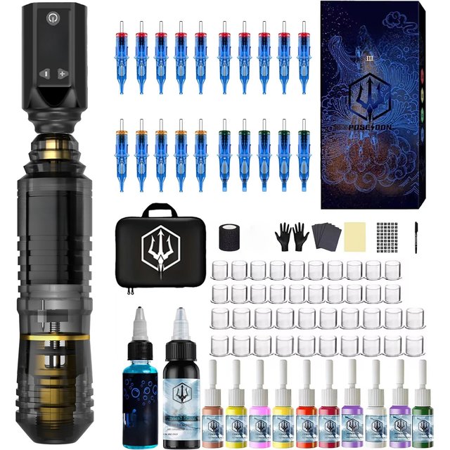 Tattoo Kit POSEIDON Transparent Tattoo Pen Kit For Permanent Makeup Tattoo Machine Kit Wireless Tattoo Power Supply Tattoo Gun