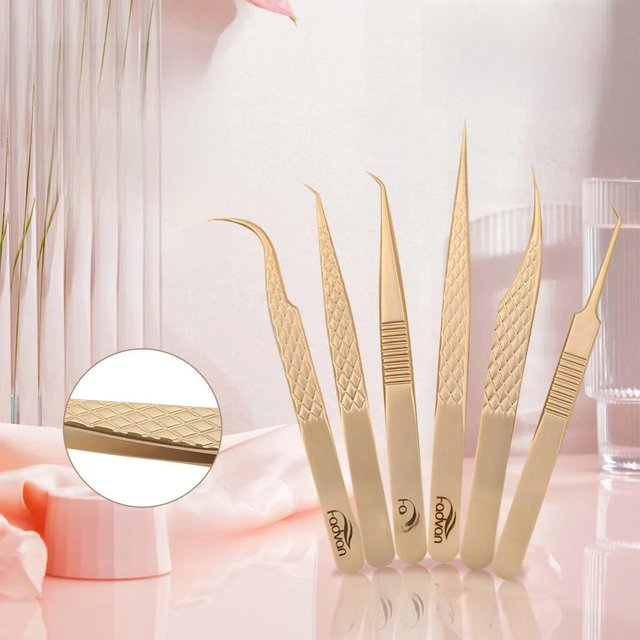 Fadvan Stainless Steel Cosmetic Tweezers for Eyelash Extensions Fibre Tip Antistatic Boxed Gold Plated Tweezers for Makeup