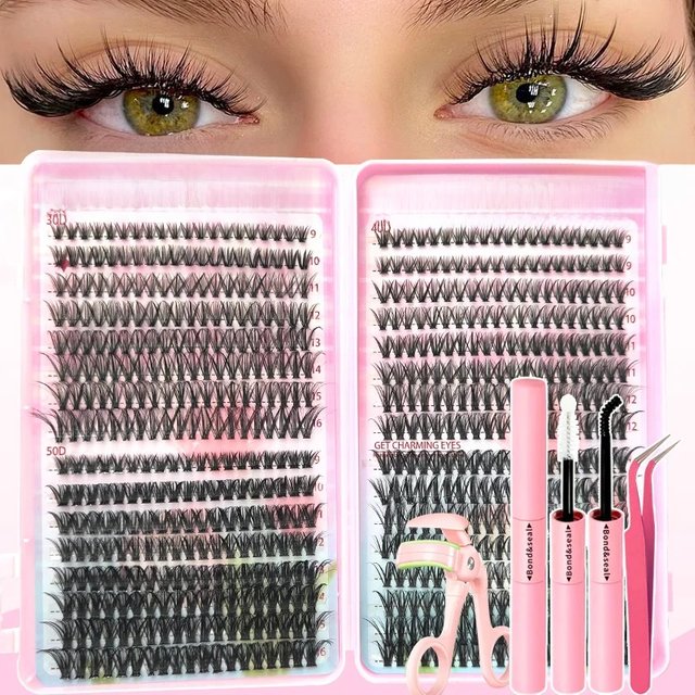 640pcs Individual Lashes DIY False Eyelashes Set Eyelash Extension Kit Lashes Bondnd and Seal Tweezer Eyelash curler Makeup Tool