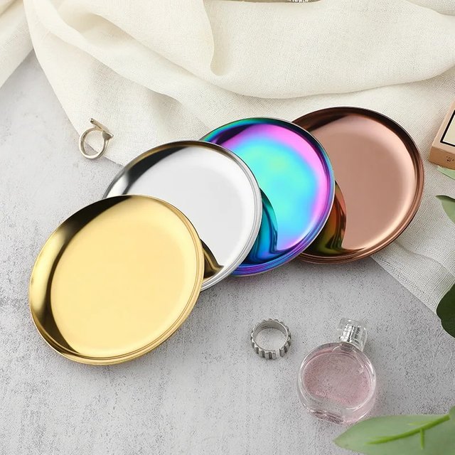 Modern Simple Stainless Steel Round Metal Tray Girls Cosmetics Jewelry Plate Porch Photo Display Plate Make Up Organizer