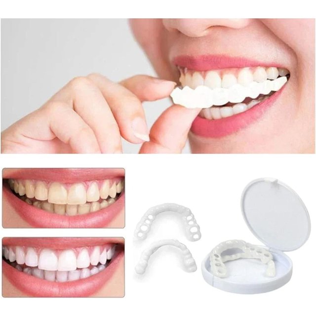2 Pairs Smile Whitening Teeth Snap On Silicone Cosmetic Denture Upper and Lower Fake Tooth Cover Perfect Fit Teeth Beauty Tool
