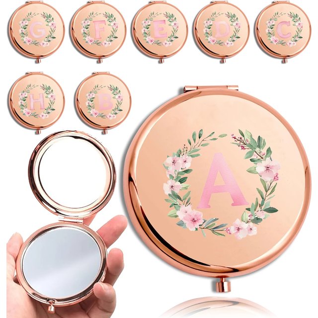 Portable Travel Metal Makeup Mirror Suitable for Carrying When Going Out Outdoor Wreath Initial Name 26 Letters Pattern