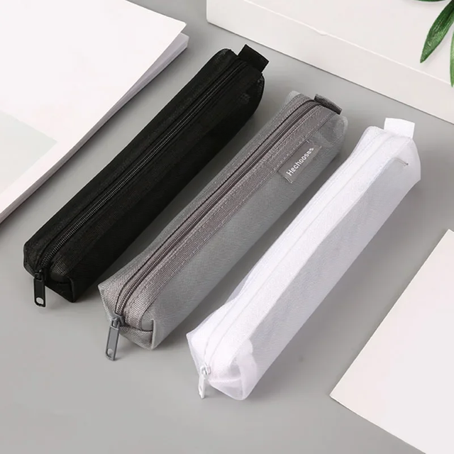 Zipper Girl Makeup Cases Black Grey White Brush Cosmetic Bags Transparent Mesh Pencil Case School Student Simple Solid Colour