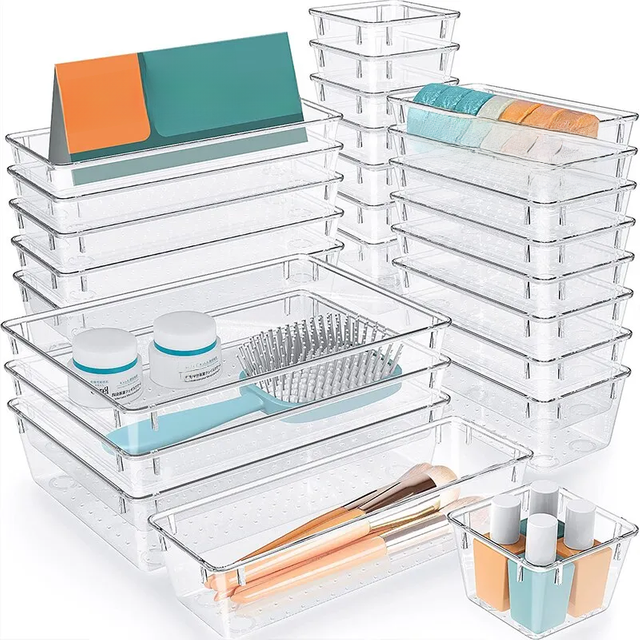 7/14 Pcs Drawer Organizers Set Clear Plastic Desk Dividers Bins Bedroom Dresser Office Storage Box for Makeup Jewelries Gadgets