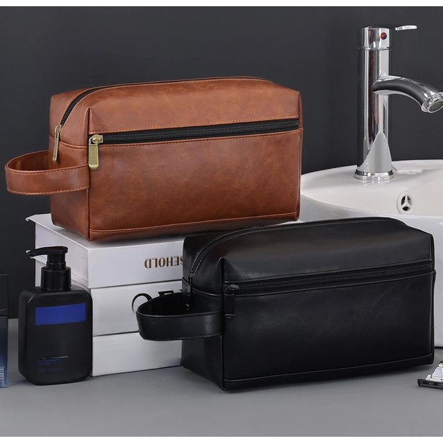 Men Leather Travel Business Shaving Cosmetic Bag Strorage Portable Toiletry Bag Large Capacity Organizer Handheld Wash Bag