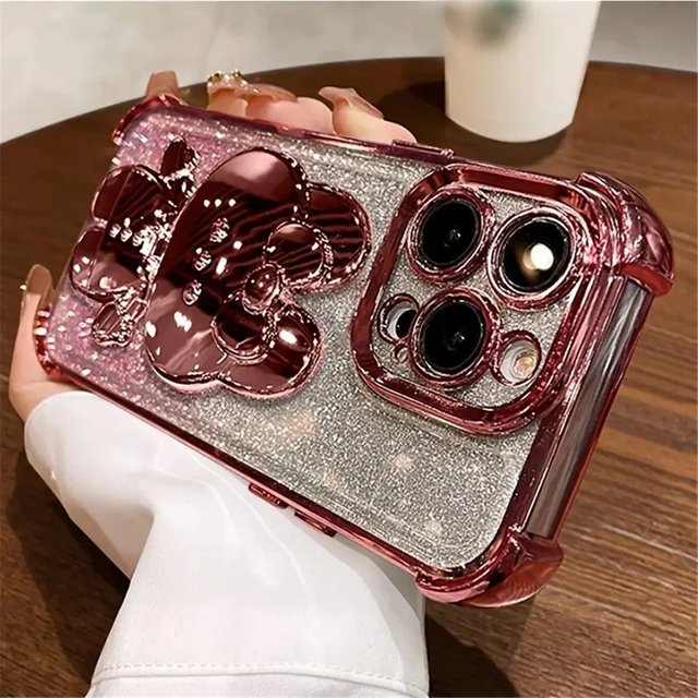For iPhone 16 15 14 13 12 11 Pro Max X XR XS 8 7 Plus 16E Invisible Makeup Mirror Rabbit Stand Plating Shockproof Soft Cover