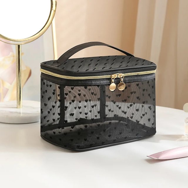 Double-layers Black Mesh Cosmetic Bag Travel Portable Large-Capacity Makeup Case Organizer Storage Pouch Zipper Toiletry Bags