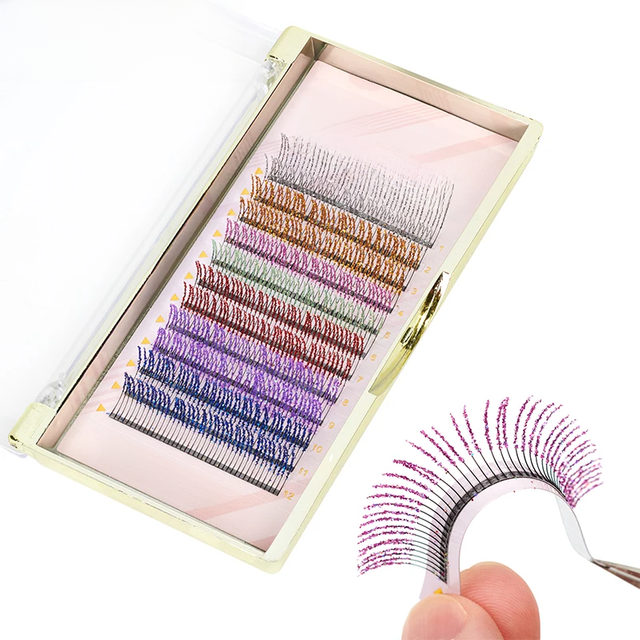 12 Strips Mix Colors Fashion Glitter Eyelash Extensions C Curl 0.15mm Shiny Colorful False Eyelash Individual lashes For Makeup