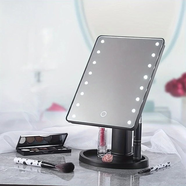 1pc LED Makeup Mirror Table Type Single Side Portable Desktop Beauty Mirror with Light Makeup Rotating Storage