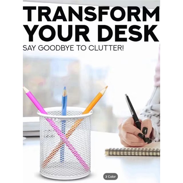 2 x Mesh Pen Holder - Desk Bin Pencil Pot|Pen Holders Desk Tidy|Desk Accessories Pencil Organiser and Makeup Brushes Storage, Gifts For Her Round Desk Stationery