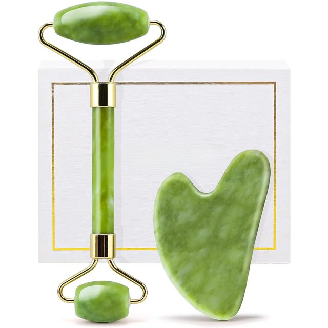 Skin Care Quartz Stone Natural Face Jade Roller Set Cooling Eye Gua Sha Tool Facial Beauty Massage For Face Jade Wheel Green