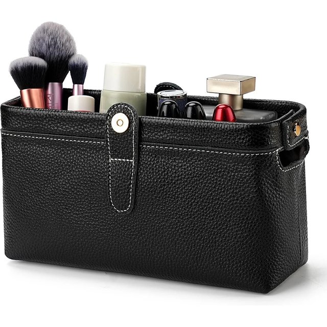 Genuine Leather Toiletry Bag Travel Cosmetic Case, Lychee Grain Makeup Organizer 23x8x10cm, Lipstick Skincare Storage Pouch for