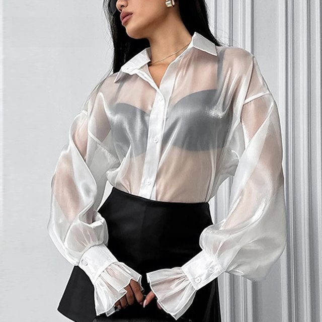 ZAROY Sexy See-though Women Shirt Perspective Organza Lantern Sleeve Elegant Blouses Summer Loose Casual Sunscreen Shirt рубашка