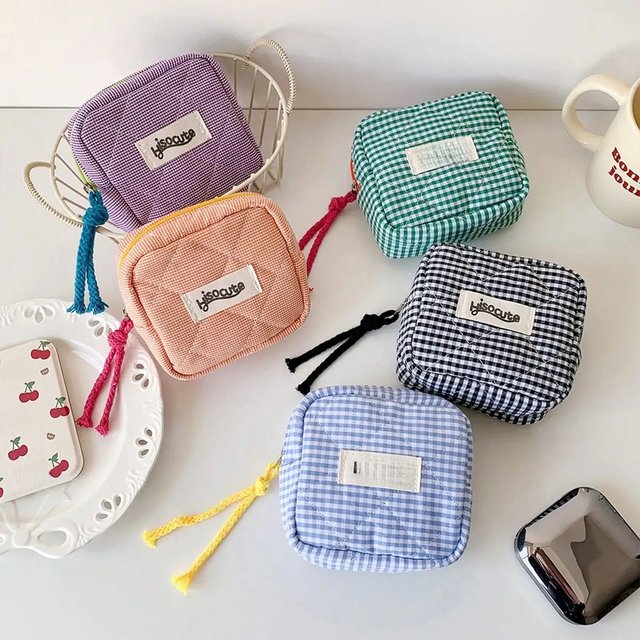Chic Mini Plaid Multifuctional Storage Bag Minimalist Checkered Polyester Cosmetic Pouch Small With Tassel Zipper Coin Purse