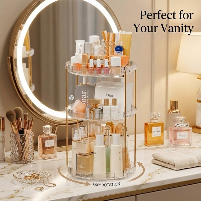 360° Rotating Cosmetic Organizer Rack Multi-layer Transparent Pattern Cosmetic Rack Bathroom Storage Cosmetic Vanity Organizer