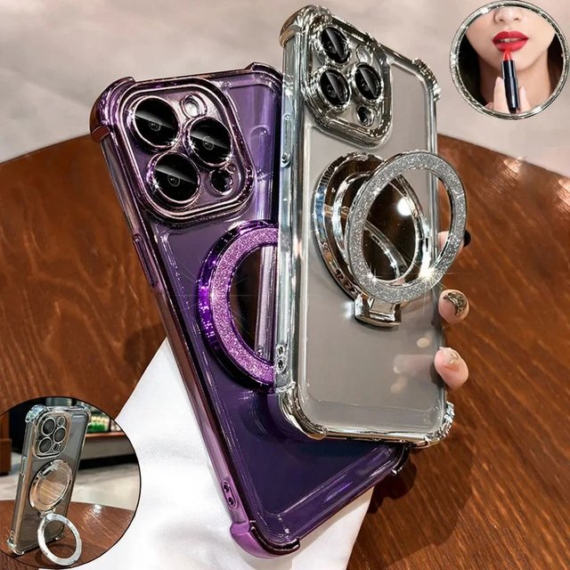 Luxury Glitter Makeup Mirror Case For Huawei P40 P30 Pro Lite Honor 50 NOVA 9 cover Plating Holder Magnetic Airbag Shockproof