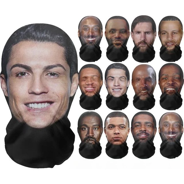 3D CR7 Messi Seamless Mask Funny Face Printed Head Scarf Famous Person Ice Silk Sunscreen Head Mask Halloween Cosplay