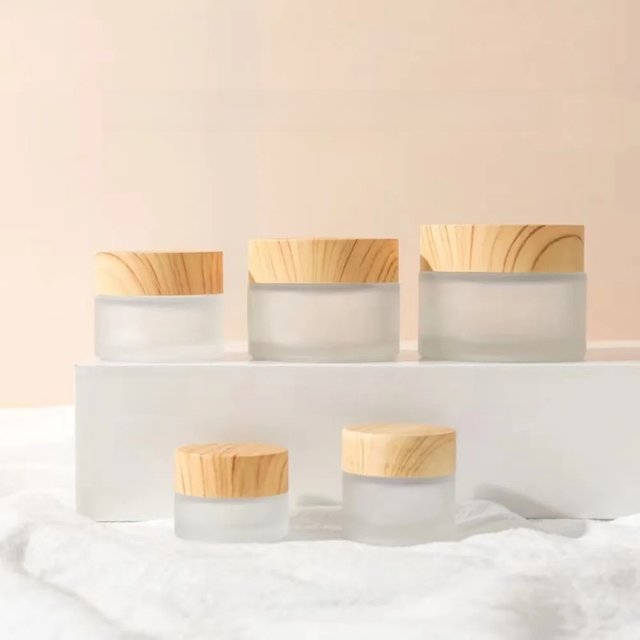 Wood Grain Lid Frosted Glass Cream Jar 5g 10g 15g 20g 30g 50g 60g 100g Round Cream Bottle Cosmetic Container Jar Screw Cap