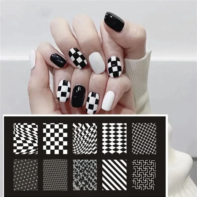 1PC Nail Stamping Plates Set DIY Decorations Nail Polish Glue Transparent Seal Printed Steel Plate Checkerboard Template Mold