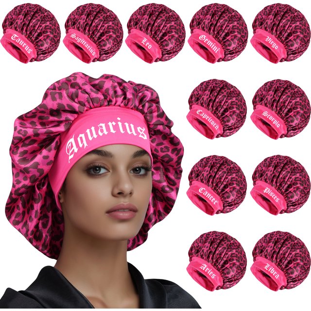 1pc Zodiac Sign Satin Sleep Bonnet with Wide Brim,Soft & Comfortable Leopard Print Satin Sleep Cap,Hair Care Bonnet