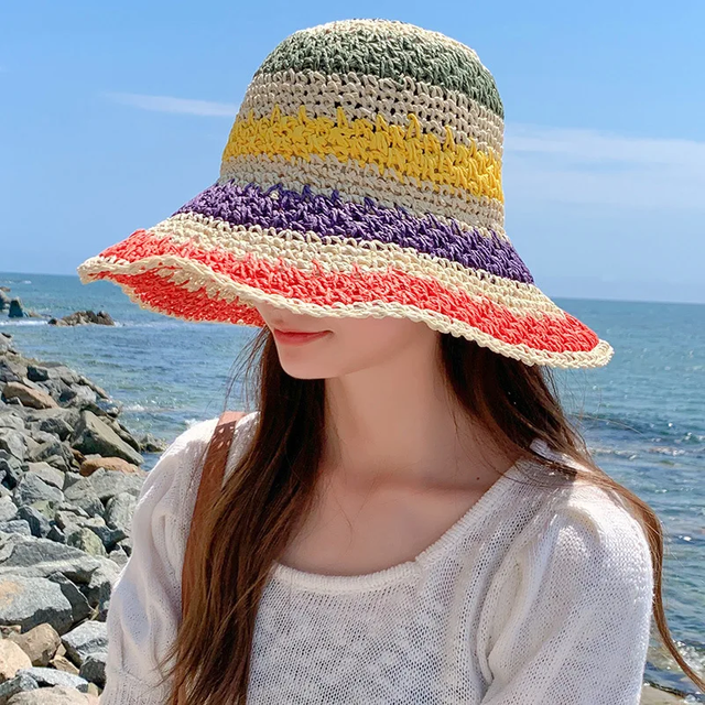 Spring Summer Outdoor Sun Cap Colorful Handmade Crochet Bucket Visor Hat Folded Beach Sunscreen Straw Rainbow Hats for women