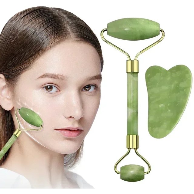 2 Piece Set of Double Head Facial Rollers & Gua Sha - Heart Shaped Scraper, Portable Body Massage Tool,Face Roller Set