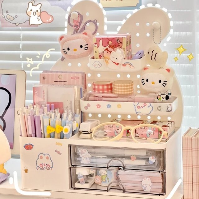 Desktop Hole Board Storage Box Desk Organizer Girls Cute Pen Holder Storage Stationary Rack Korean Kawaii Bunny Cosmetic Shelf