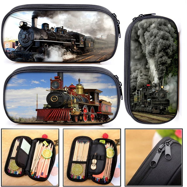 Locomotive / Steam Train Cosmetic Cases Pencil Bag Boy Girl School Case Kids Pencil Box Children Stationary Bag