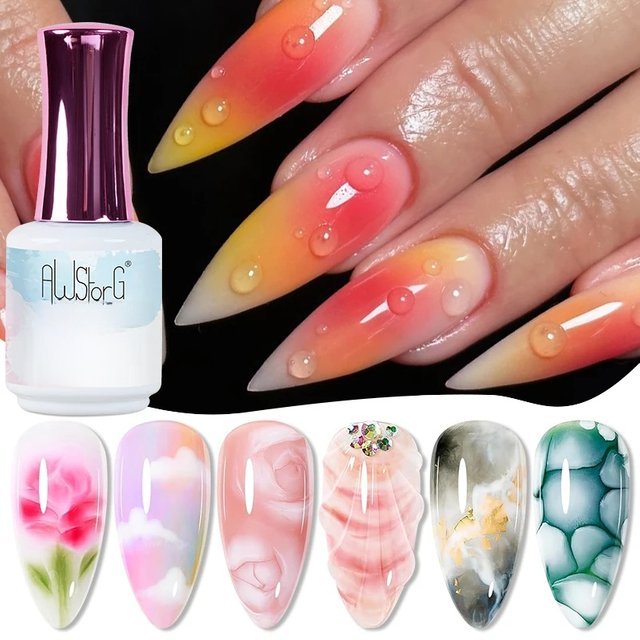 AWStorG 15ML Clear 2 In 1 Blooming Base Gel Nail Polish Semi Permanent UV Spreading Effect Marble NailPolish Watercolor Manicure