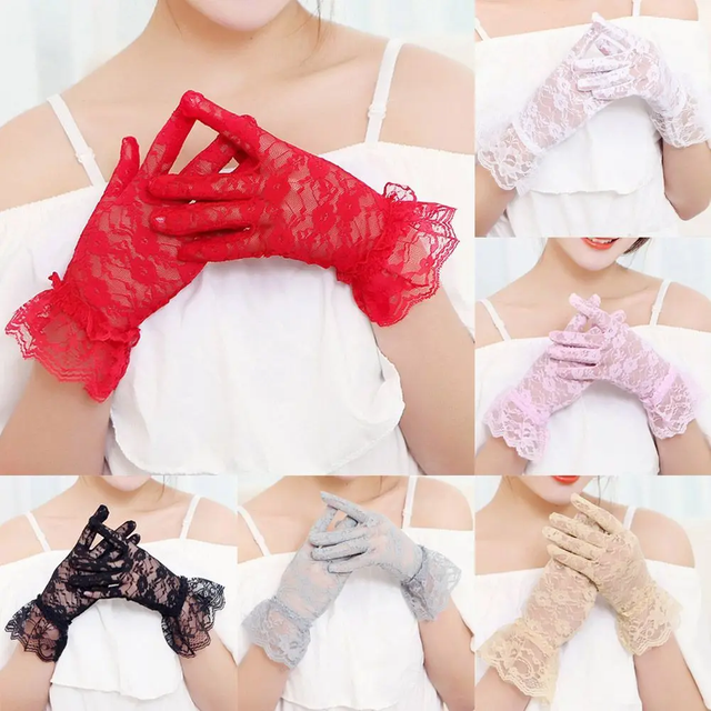 Fashion Women Party Dressy Gloves Sunscreen Lace Gloves Rose Flower Pattern UV Protection Mittens Wedding White Bride Gloves