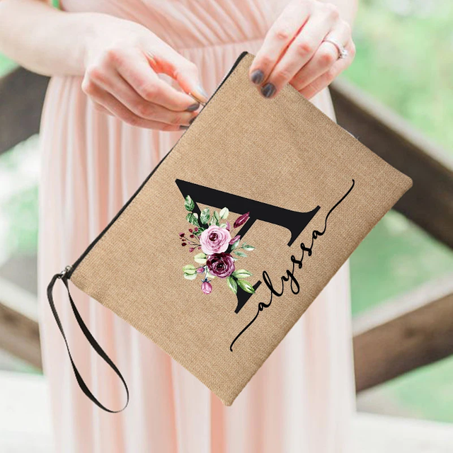 Flower Initial Letter Custom Name Cosmetic Bag Women Neceser Makeup Bag Linen Zipper Pouch Travel Toiletry Organizer Mujer Bolsa