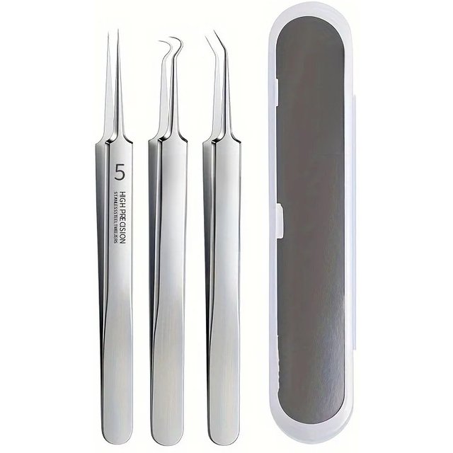 3 Pieces Of Stainless Steel Tweezers In Various Sizes With Storage Box, Super Sharp To Remove Blackheads, Facial Pore Cleaning C