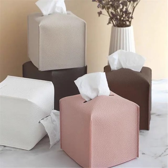 Tissue Box Cover Square Decorative PU Leather Holder Modern Tissue Case Facial Paper Organizer Dispenser For Bathroom Countertop