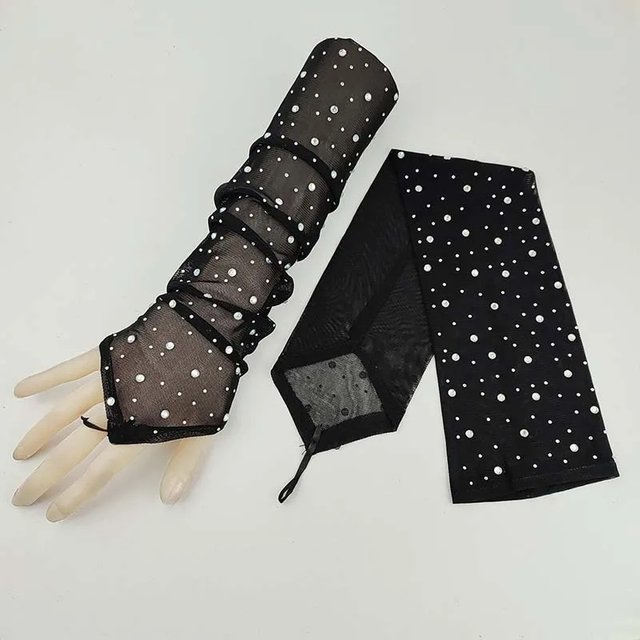 Sexy Black Lace Shiny Rhinestone Gloves Cosplay Mesh Long Thin Elastic Hook Finger Women Halloween Makeup Party Accessories