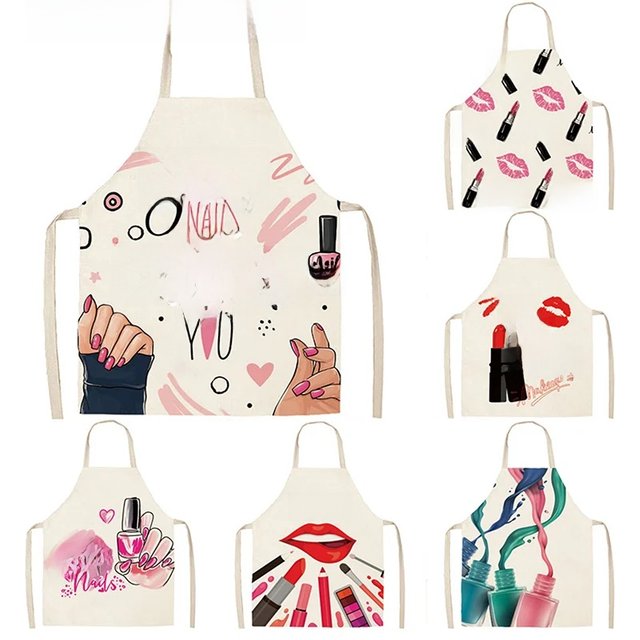 Nail Polish Lipstick Beauty Kitchen Women Apron Household Cleaning Flax Pinafore Salon Home Cooking Baking Adult Bib