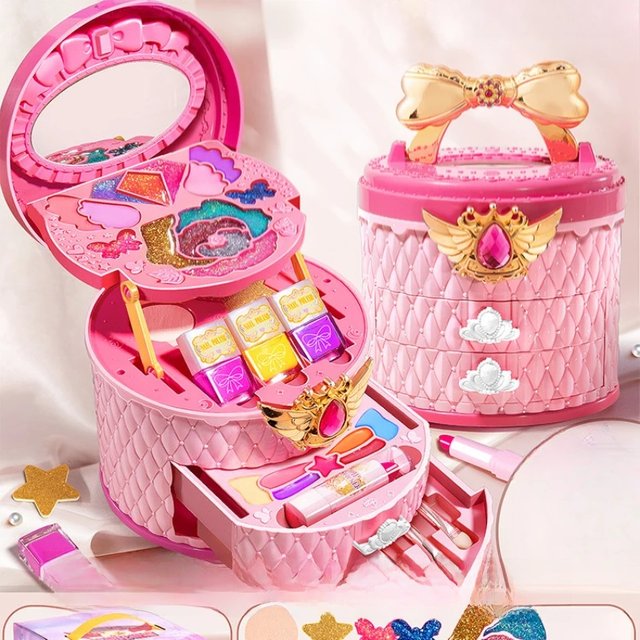 Girls Makeup Set Three Layer Cosmetic Toy Box Kids Play Makeup Brushes Lipstick Blush Eyeshadow Nail Polish Princess Beauty Toy