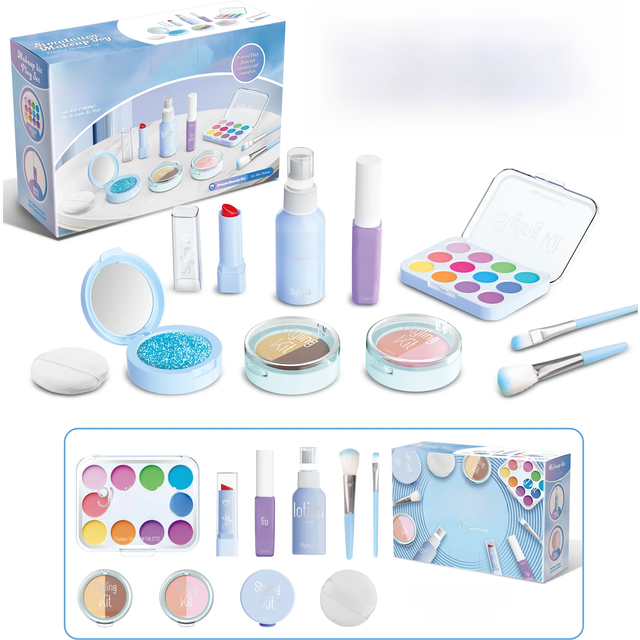 Girls' makeup set, 10 piece non-toxic toy cosmetics set, with eye shadow palette, lipstick, applicator, (non real makeup)