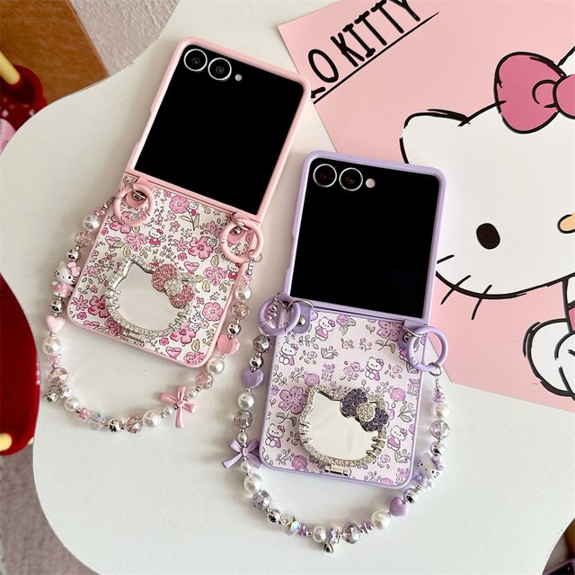Cute Flower Diamond 3D Cartoon Cat Phone Case for Samsung Galaxy Z Flip8 7 FE Flip 5 6 Flip6 5 4 Cover Makeup Mirror Chain Cover