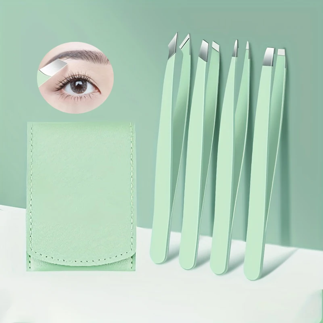 4Pcs Green Eyebrow Tweezers Hair Removal Trimming Slanted Eyebrow Clips Makeup Eyelash Extension Tools idea gift