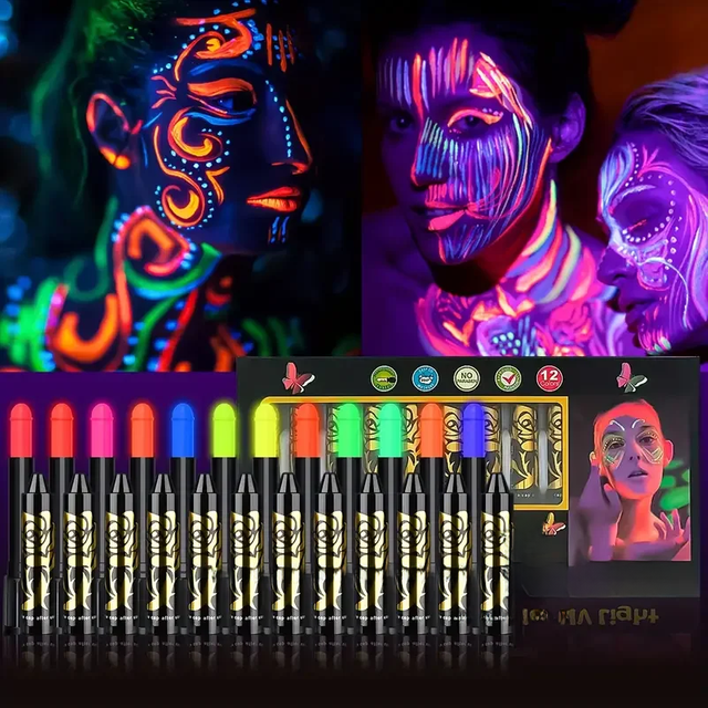 12 Pieces UV Neon Face Painting, Glow in the Dark Under UV Lights Face Painting Crayon SticksMardi Gras Party Halloween Makeup