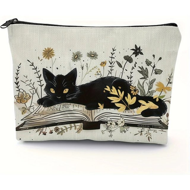 1pc Casual Style Black Cat &Book Print Makeup Pouch with Large Capacity Pencil Pouch Printed Heat Transfer Cosmetic Bag