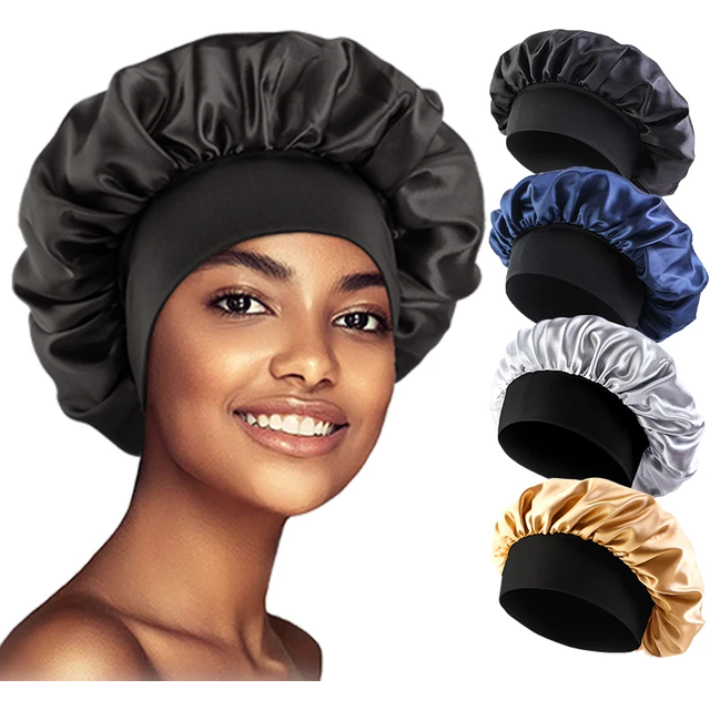 Women's Satin Solid Bonnets Wide-brimmed Night Sleeping Bathing Hat Unisex Head Wrap Elastic Band Cap Hair Care Bonnet