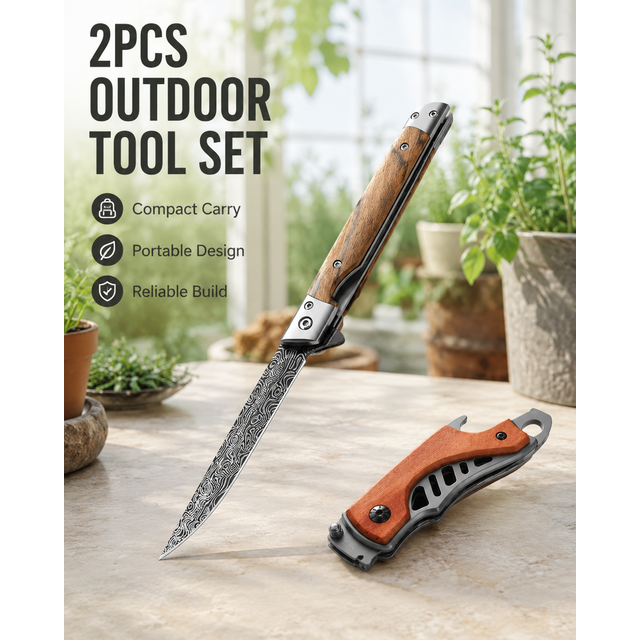 Ensemble de 2 outils utilitaires de poche pour l'extérieur, outil auxiliaire long à motif Damas avec poignée en bois et outil pliant EDC court à poignée texturée orange, kit portable pour le