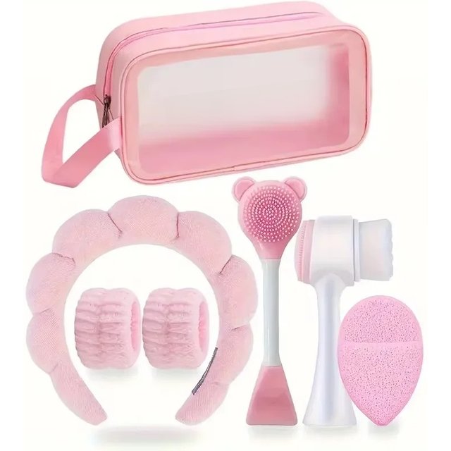 7-piece makeup and face wash beauty set, including 3 headband sets, 1 cosmetic bag, 2 face wash brushes and 1 powder puff