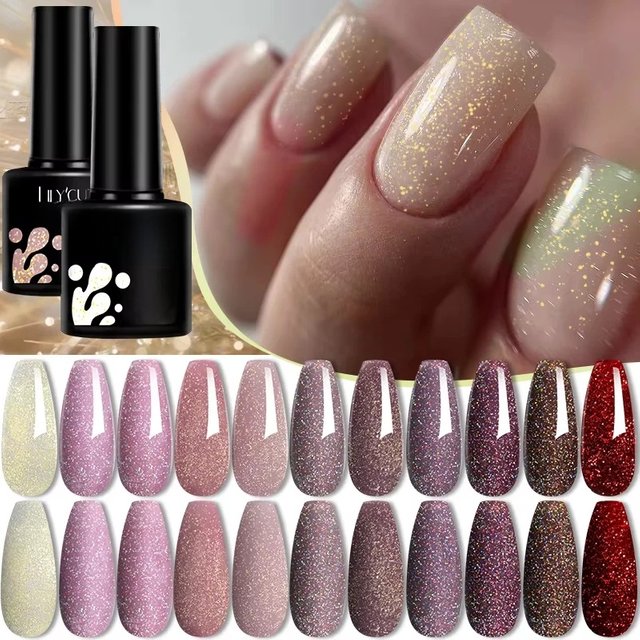 LILYCUTE Gold Aurora Glitter Gel Nail Polish Spring Nude Color Long Lasting French For Manicure Soak Off Nail Art UV Gel Varnish