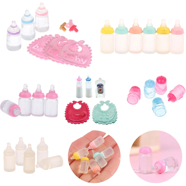 1set 1:12 Dolls House Miniature Baby Bottles Shampoo Bibs Set Nursery Accessory Gift Baby Bottles Set