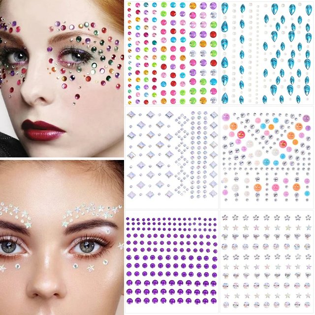 Crystal Tattoo Sticker Facial Rhinestone Sticker Body Brow Jewels Self Adhesive 3D Face Hair Gems Fairy Party Makeup Decoration