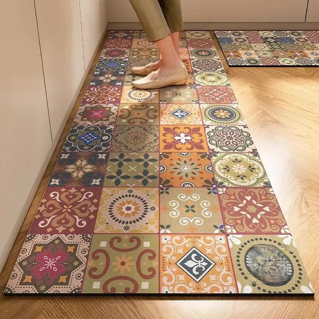 Carpet for Kitchen Set Non-slip Oil-proof Floor Mat Pvc Leather Waterproof Foot Mats American Vintage Decoration Long Strip Rug