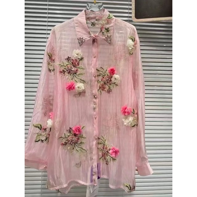 New In 2025 Summer Diamonds Flowers Embroidery Shirts Blouses for women Long Sleeve Thin Sunscreen Loose Casual Top Cardigan